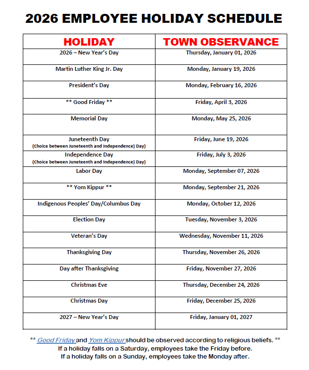 2026 holiday schedule